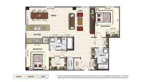 Floor plan for 2 beds, 2 baths, 1236 sqft